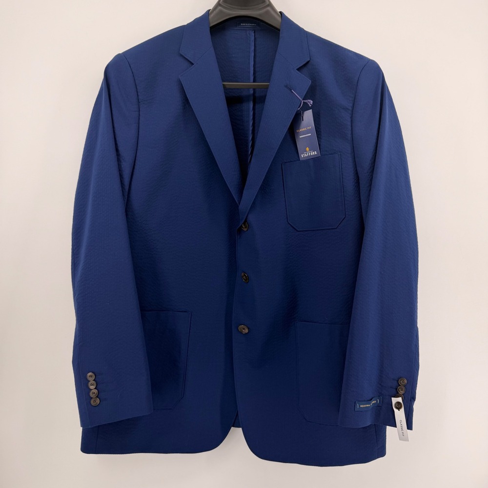 Stafford Sport Coat Mens 48 Reg Navy Blue Seersucker Classic Fit Blazer New